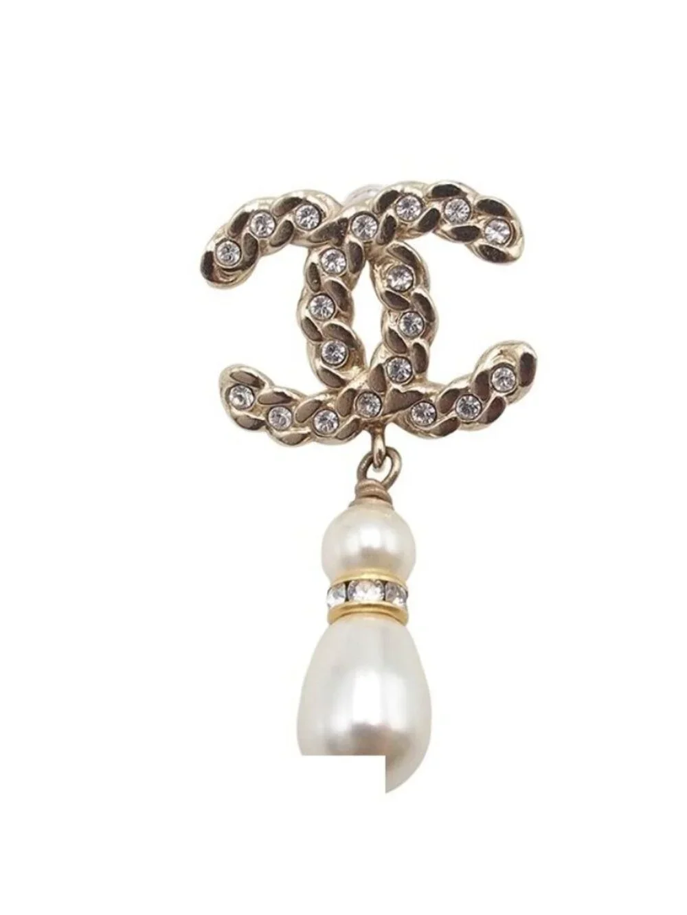 Chanel Earrings Light Gold Metal Asymmetric CC Logo Rhinestone Faux Pearl